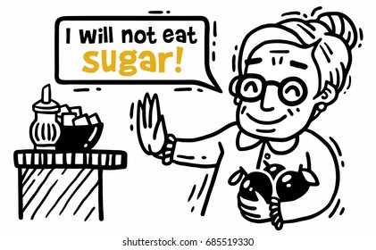 Old lady with apples says I will not eat sugar Comics