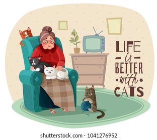 Old lady in armchair with cats during leisure in home interior, phrase about life vector illustration