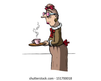 Old lady brings cup of tea 