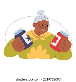 Old lady buying jam or other canned food and choosing between two items. Aged female character shopping in grocery store, supermarket or market. Waist-length portrait. Minimalistic flat hand-drawn 