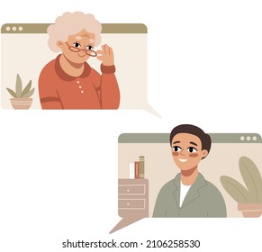 An old lady calls and speaks to the son on a video call. Grandchild talking to grandmother. Happy people using video chat app. Family video conference. Quarantine and self-isolation. 