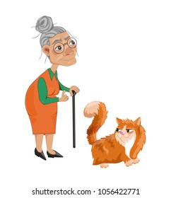 Old Lady And A Cat Vector. Cartoon Character Detailed Illustrations