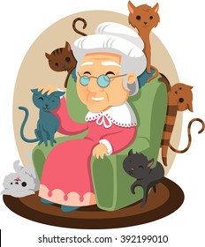 old lady with cats all over cartoon illustration