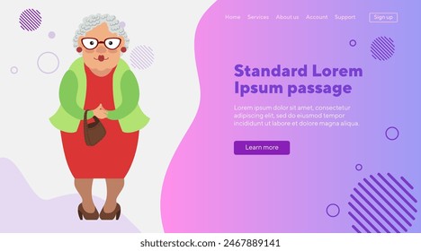 Old lady character with curly gray hair flat vector illustration. Granny in glasses and with bag. Senior woman, old age, retirement concept  for banner, website design or landing page