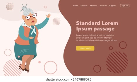 Old lady character dancing flat vector illustration. Senior woman with retro hairstyle and in glasses. Leisure, retirement concept  for banner, website design or landing page