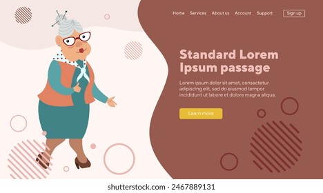 Old lady character pointing aside and showing thumb up. Vector illustration. Senior woman with retro hairstyle and in glasses. Advertising, retirement concept  for banner, website design, landing page