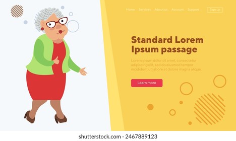 Old lady character showing thumb up. Flat vector illustration. Senior woman with curly hair and in glasses. Advertising, feedback, retirement concept  for banner, website design, landing page