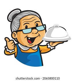 Old Lady Chef Holding Cloche Plate. Cute Restaurant Worker Serving Special Food