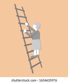 The old lady climbing upwards to reach new goals. Symbolic easy style vector Illustration.