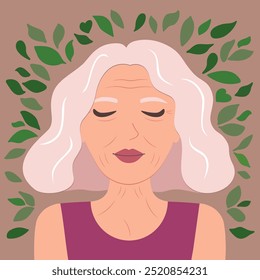 Old Lady with Closed Eyes Surrounded by Leaves. Portraite of a woman in harmony, self-care, positive aging