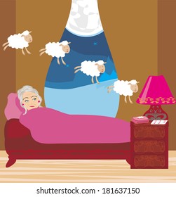 old lady counting sheep to fall asleep