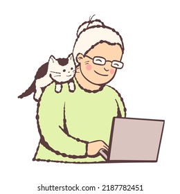 An old lady with a cute kitten.  Vector illustration with cartoon style.