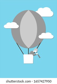 The old lady discovering using binocular flying a hot air balloon. Symbolic easy style vector Illustration