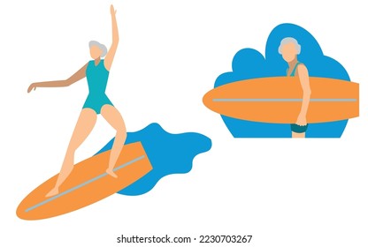 la anciana hace surf, la anciana hace deporte. Conjunto de ilustraciones aisladas vectoriales. Ancianos activos.