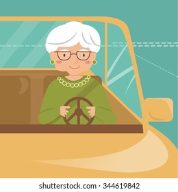 Old lady drives the car. Elderly driver. Vector isolated illustration. Cartoon character.