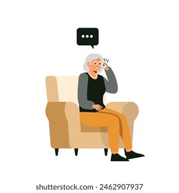 Old lady, elderly woman or granny sitting in cozy armchair and talking on phone. grandmother at home. Smiling female character isolated on white background. Vector flat illustration.