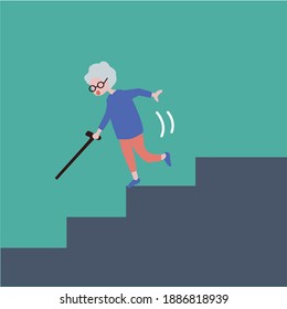 Old lady falling down stairs. cartoon-vector