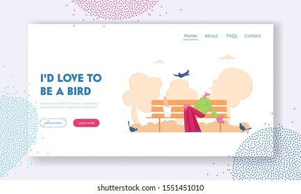 Old Lady Feed Birds Website Landing Page. Happy Smiling Elderly Woman Character Sitting on Bench Feeding Pigeons in City Park in Warm Summer Day Web Page Banner. Cartoon Flat Vector Illustration