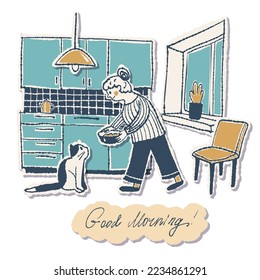 An old lady feeds her cat in the kitchen. Vector illustration.