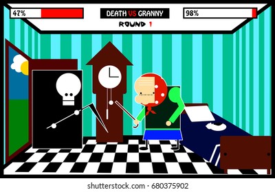 An old lady fighting the grim ripper for postcards, t-shirts, illustration, Haloween parties