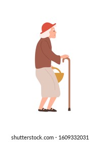 Old lady flat vector illustration. Elderly woman with walking stick. Age, oldness, senility, health problems. Senior female, grandmother cartoon character isolated on white background.