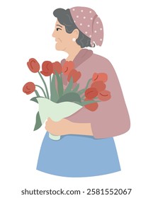 Old lady with flowers vector. Flat illustration of a happy elderly woman.