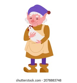 Old lady garden gnome with chicken. Vector illustration in flat style. Isolated on white background.