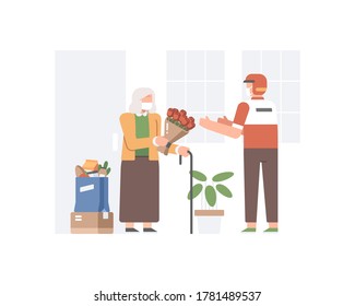 An old lady give a bouquet of flower to delivery man who deliver a food to her house illustration concept