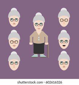Old lady in glasses with a cane expressing different emotions, set of female avatar with body