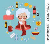 Old lady in glasses caught cold flu or virus. With red nose, high temperature and holds handkerchief. Ways to treat illness in a circle around. Vector isolated objects on blue background