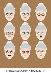 Old lady in glasses expressing different emotions, set of female avatar with white outline