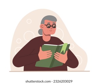 Old lady in glasses holding book and reading at home. Time for seniors hobbies. Positive seniors spending time indoors. Vector flat illustration in brown colors