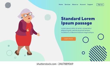 Old lady in glasses showing thumb up. Flat vector illustration. Senior woman pointing at copyspace. Advertising, feedback, retirement concept  for banner, website design, landing page