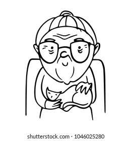 Old lady with glasses stroking a cat. Vector isolated contour sketch.