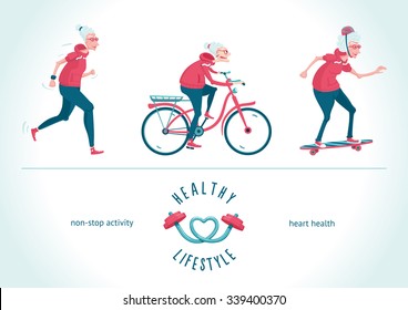 Old lady is going for sport. Grandma in action. Isolated on white icons set.