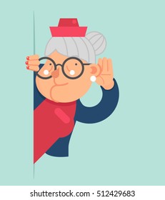 Old Lady Gossip Listen Overhear and Spy Out Corner Adult Cartoon Character Flat Design Vector Illustration