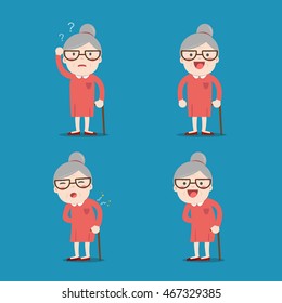 Old lady. Grandma in 4 Different Poses. Vector isolated illustration. Cartoon character.