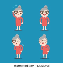 Old lady. Grandma in 4 Different Poses. Vector isolated illustration. Cartoon character.