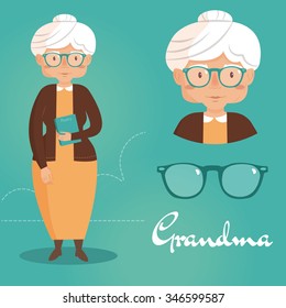 Old lady. Grandma. Vector isolated illustration. Cartoon character.