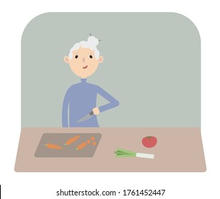 Old lady,  grandmother cooking dinner at the kitchen, cutting vegetables, healthy home food. Cute vector illustration