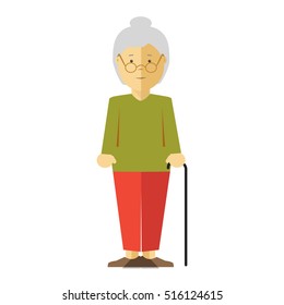 Old lady or grandmother. Icon of elderly female person with smile. Happy mature woman or grandma with grey hair. Cartoon character in flat style. Vector isolated illustration on white background.