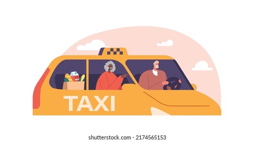 Old Lady or Granny with Grocery Bag Using Taxi Automobile Service. Driver and Elderly Woman Characters Sit in Front Seat of Cab and Talking. Side View trough Window. Cartoon People Vector Illustration