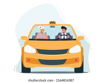 Old Lady or Granny Using Automobile Service. Taxi Driver and Elderly Woman Characters Sitting in Front Seat of Cab and Talking to Him. Front View trough Windscreen. Cartoon People Vector Illustration