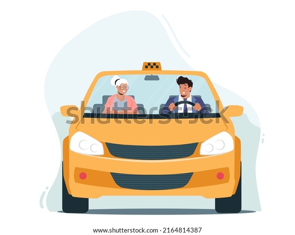 Old Lady or Granny Using Automobile Service.\
Taxi Driver and Elderly Woman Characters Sitting in Front Seat of\
Cab and Talking to Him. Front View trough Windscreen. Cartoon\
People Vector Illustration