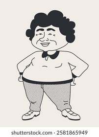 Old lady with hands on his belt. Female character in doodle style.