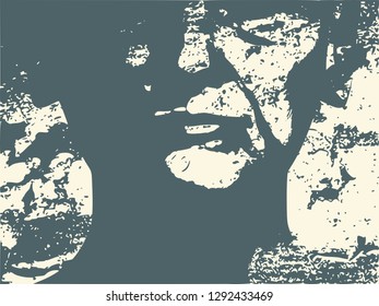 Old lady head silhouette. Face front view. Grunge distress texture.