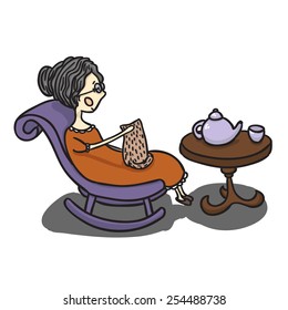 Old Lady With Her Cat In The Rocking Chair, Drinking Tea, Vector