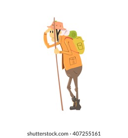 Old Lady Hiking Cute Cartoon Style Isolated Flat Vector Illustration On White Background