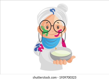 Old lady is holding color bowl in hand. Vector graphic illustration. Individually on white background.