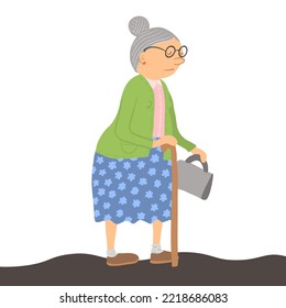 Old lady illustration. Senior woman holding stick. Grandma walking with bag. Grey white hair aged retired female person